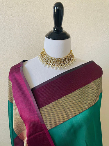 Maheshwari Cotton Silk Saree | Handloom Mark | Green & Maroon | Ships from California